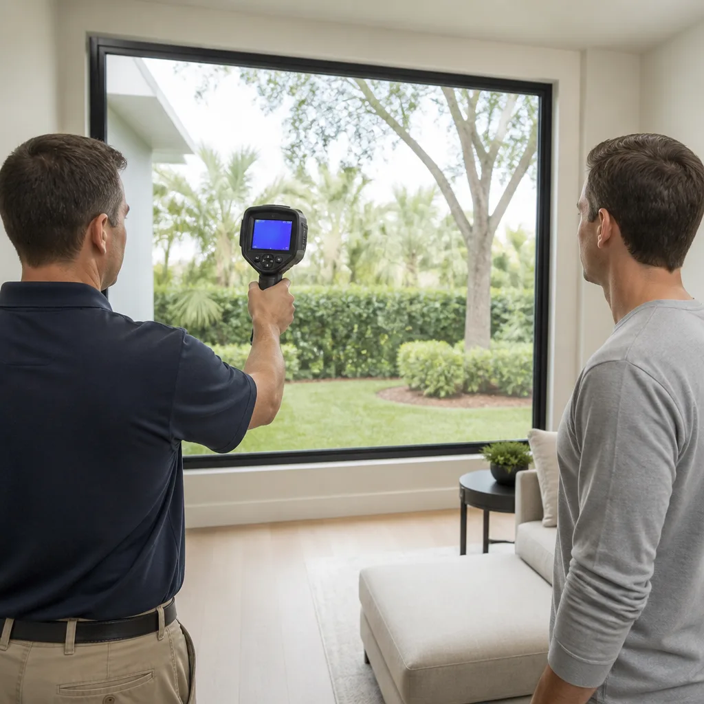 Technician using thermal camera to inspect energy-efficient home windows in Fountainebleau, FL
