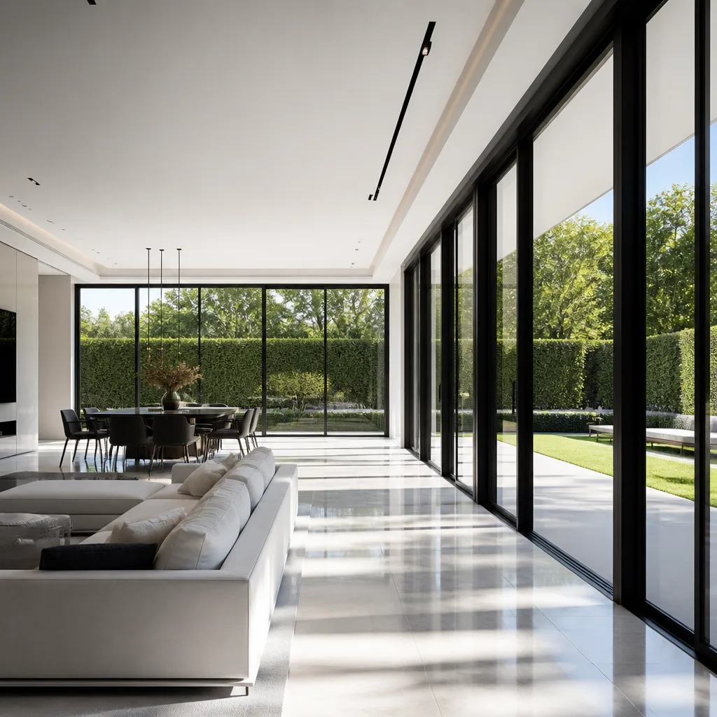 Modern floor-to-ceiling glass sliding doors opening to a lush backyard garden in Fountainebleau, FL