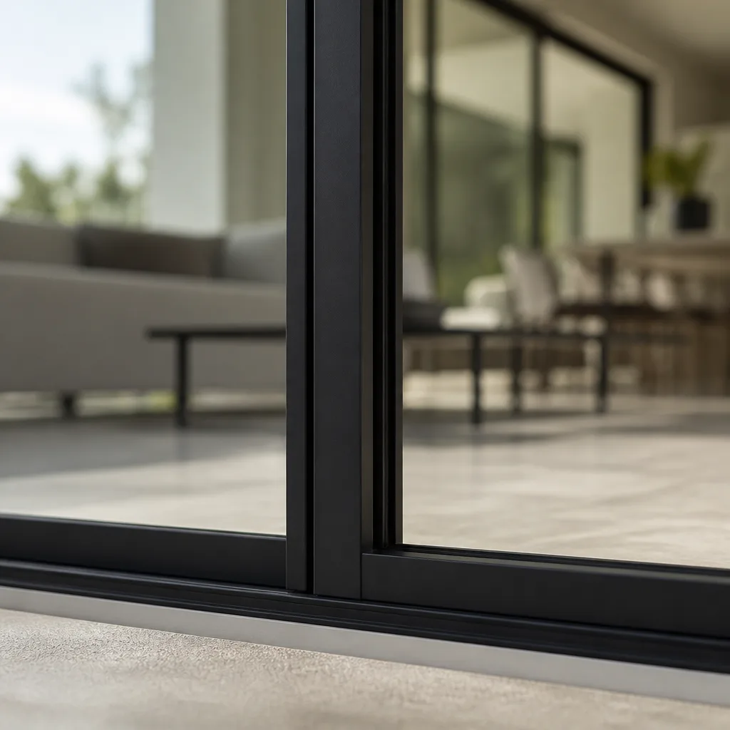 Modern black-framed sliding glass patio doors with architectural design in Fountainebleau, FL