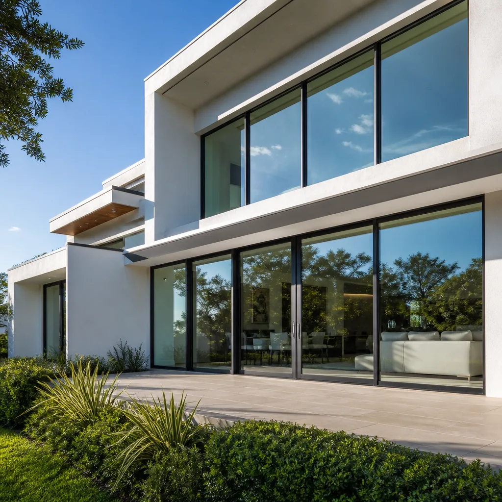 Modern luxury home with large sliding glass patio doors in Fountainebleau, FL